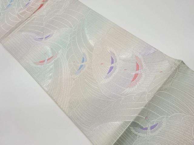 JAPANESE KIMONO / VINTAGE FUKURO OBI / WOVEN ROUGH WAVE & CRANES